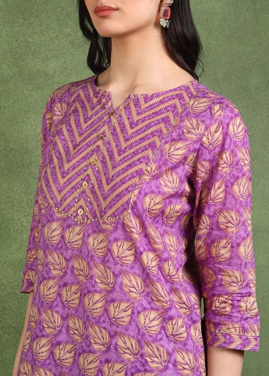 Plus Size Kurta Women's Cotton Calf Length 3/4th Sleeve Floral Printed Gotta patti Straight Kurta with Printed Pant & Dupatta