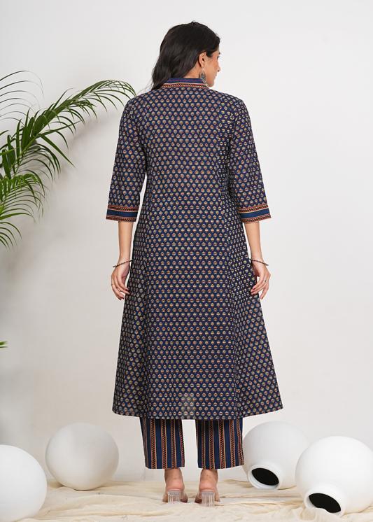 Plus Size Kurta Women's Printed Cotton Calf Length V-Neck 3/4th Sleeve Straight Kurta Pant And Duptta (Navy)