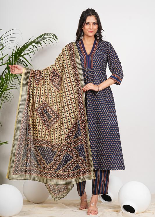 Plus Size Kurta Women's Printed Cotton Calf Length V-Neck 3/4th Sleeve Straight Kurta Pant And Duptta (Navy)