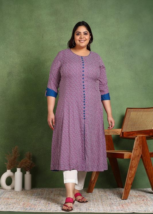 Plus Size Kurta Women's Rayon Printed 3/4th Sleeve Regular Fit Round Neck A-Line Kurta