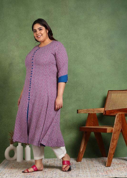 Plus Size Kurta Women's Rayon Printed 3/4th Sleeve Regular Fit Round Neck A-Line Kurta