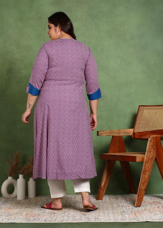 Plus Size Kurta Women's Rayon Printed 3/4th Sleeve Regular Fit Round Neck A-Line Kurta
