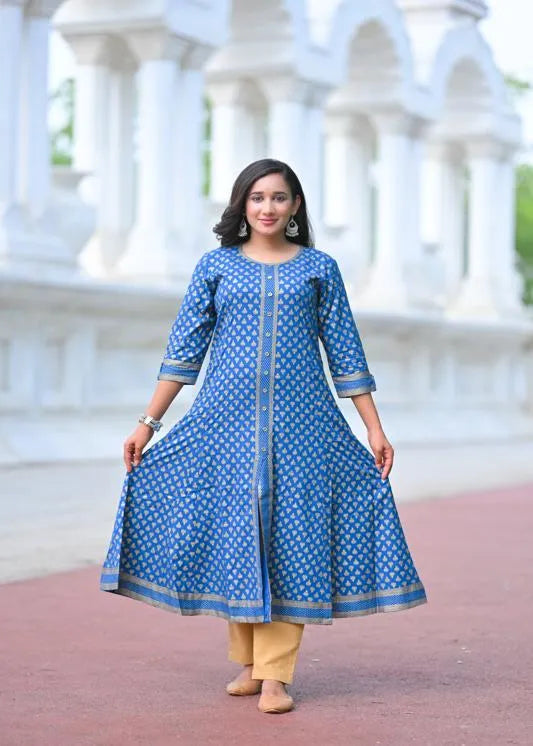 Rayon Golden Floral Printed A-line Kurta