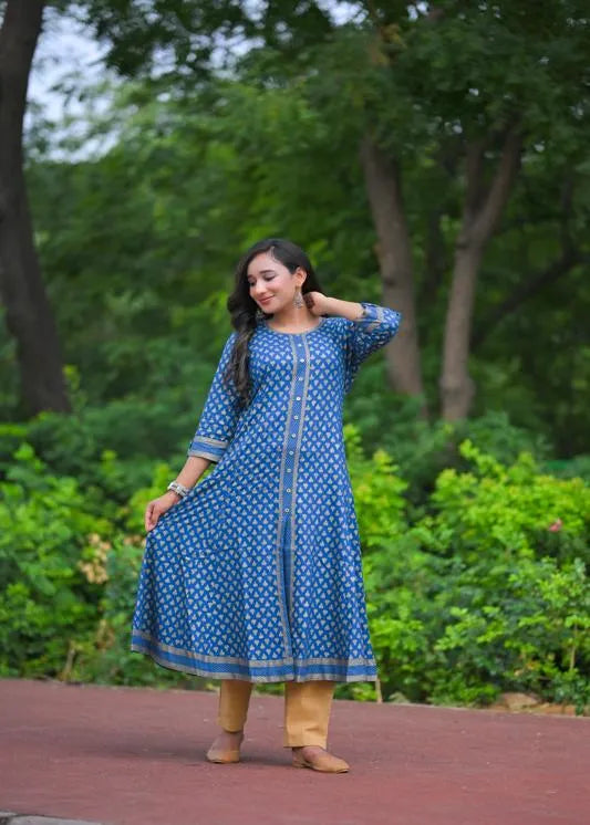 Rayon Golden Floral Printed A-line Kurta