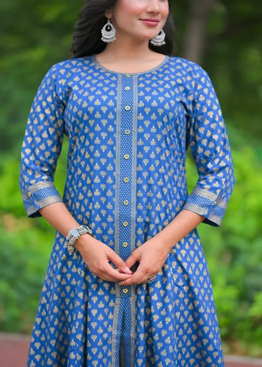 Rayon Golden Floral Printed A-line Kurta
