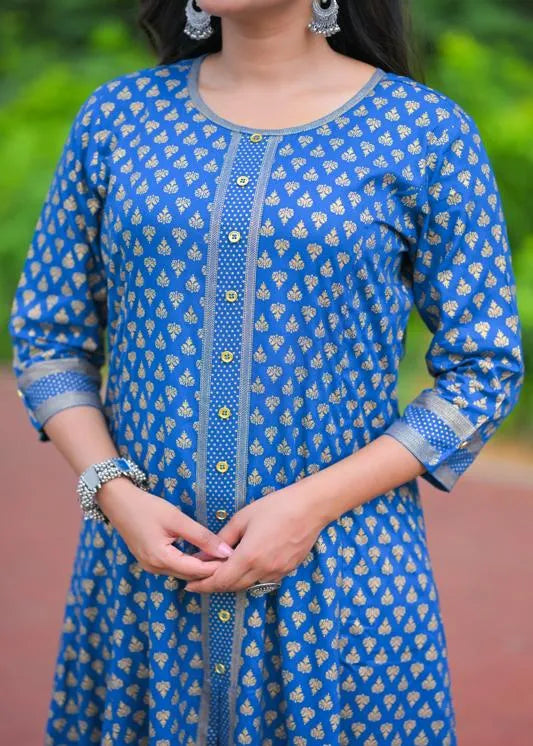 Rayon Golden Floral Printed A-line Kurta