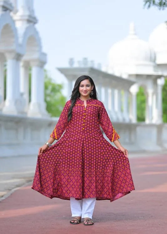 Rayon Mandarin Collar Calf Length Floral Printed 3/4th Sleeve Anarkali Kurta
