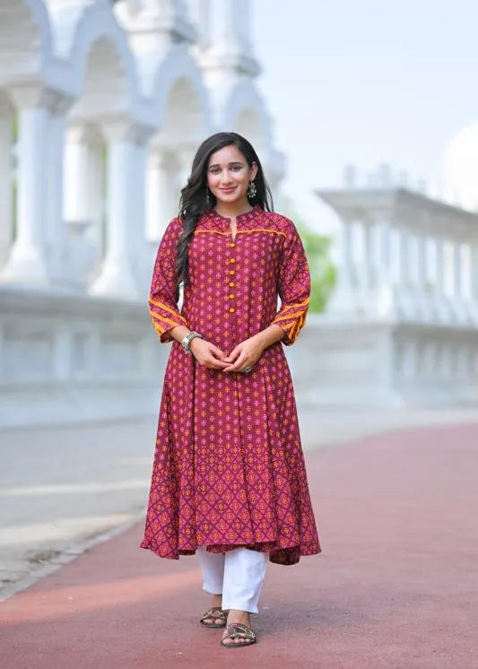 Rayon Mandarin Collar Calf Length Floral Printed 3/4th Sleeve Anarkali Kurta