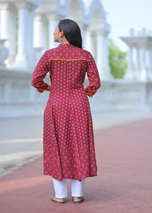 Rayon Mandarin Collar Calf Length Floral Printed 3/4th Sleeve Anarkali Kurta