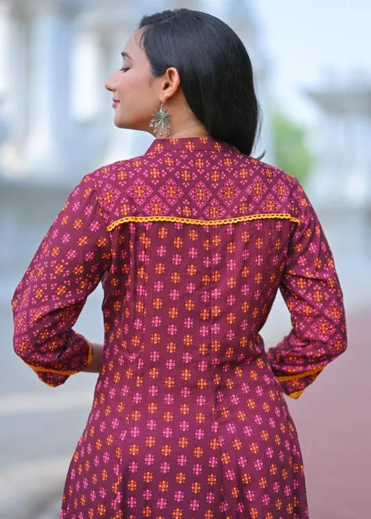 Rayon Mandarin Collar Calf Length Floral Printed 3/4th Sleeve Anarkali Kurta