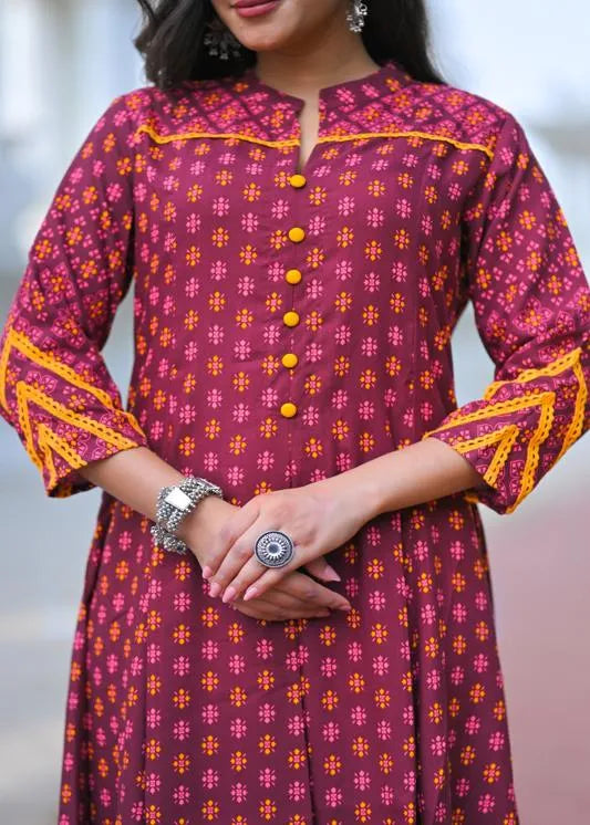 Rayon Mandarin Collar Calf Length Floral Printed 3/4th Sleeve Anarkali Kurta