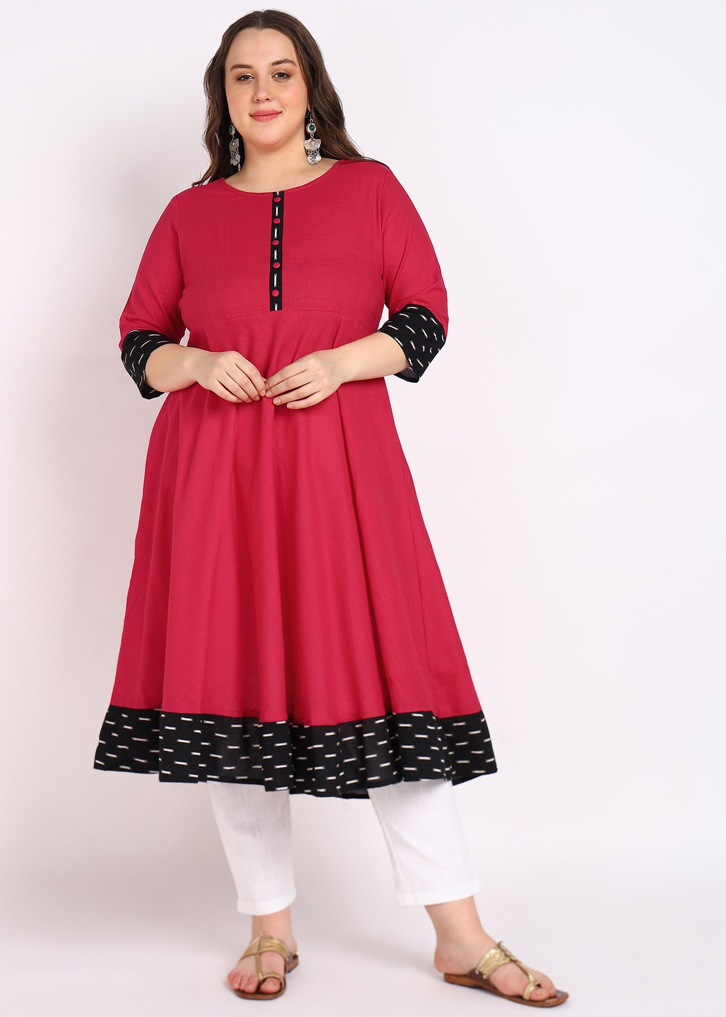 PLUS SIZE KURTA Women's Cotton Slub Plain Dye Anarkali Kurta (Pink)