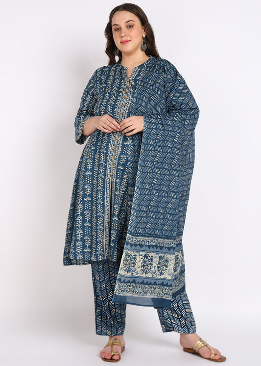 Plus Size Blue Floral Printed Anarkali Kurta with Pant & Dupatta Set