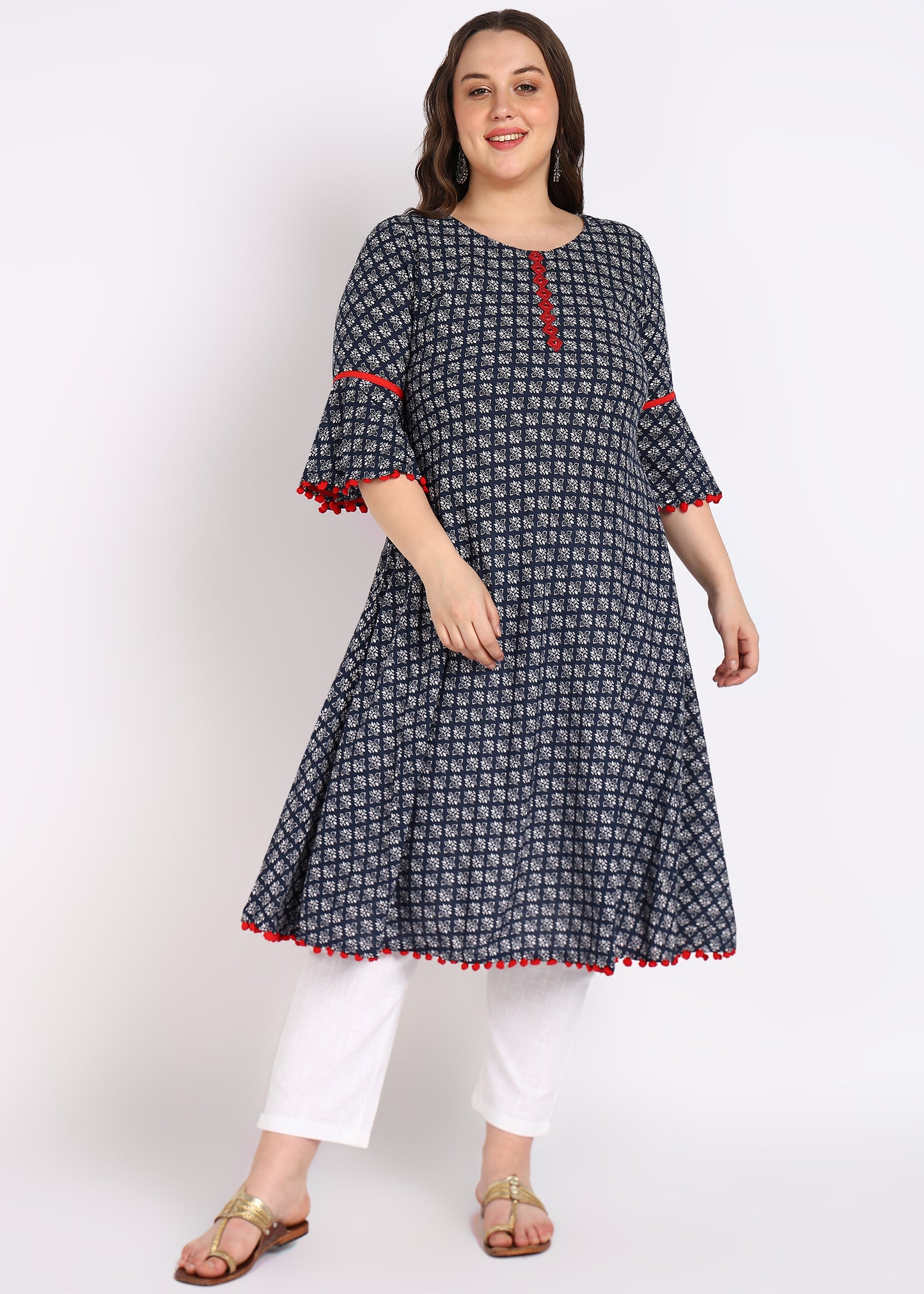 Plus Size Blue Printed Mirror Work A-Line Kurta – Cambric Cotton