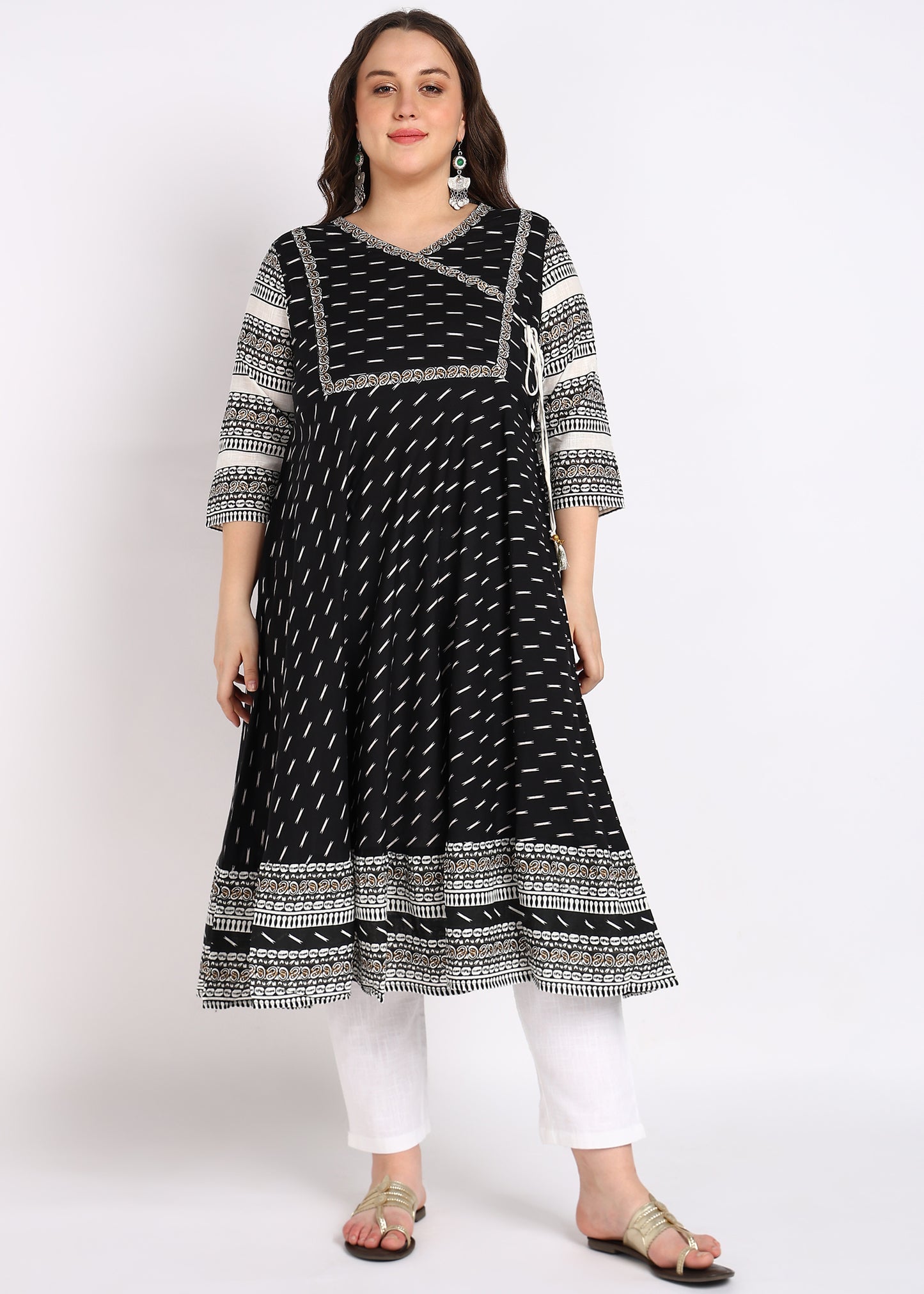 Plus Size Black Cotton Angrakha Kurta with Designer Yoke