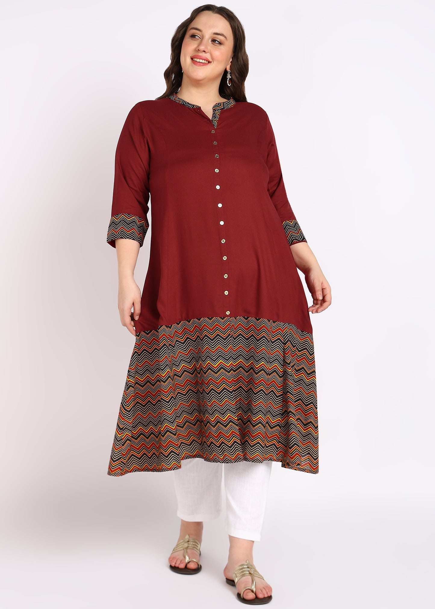 Plus Size Black Zig-Zag Printed A-Line Kurta