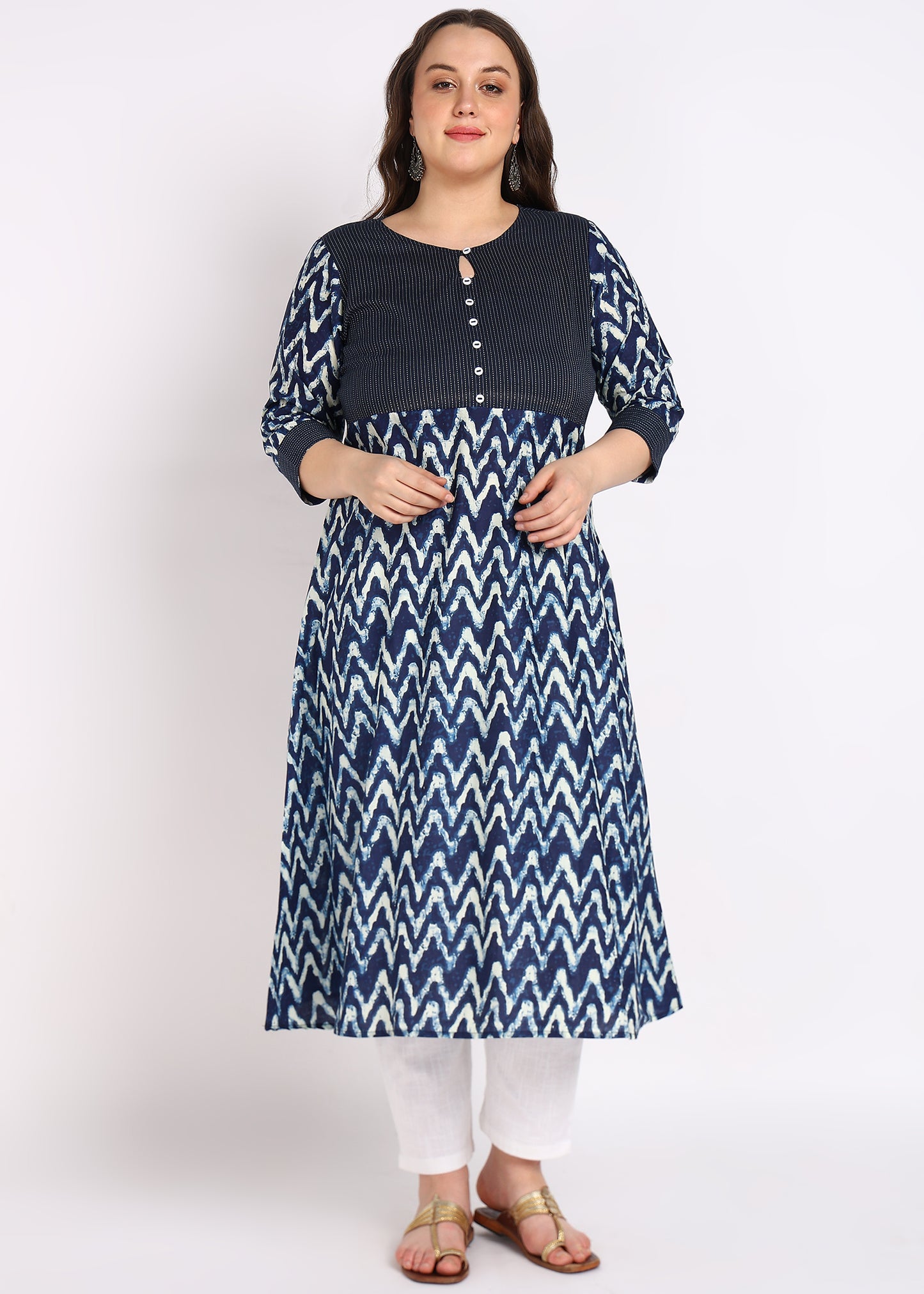 Blue Chevron Print A-Line Kurta – Elegant Kaantha Work & Button Embellishments