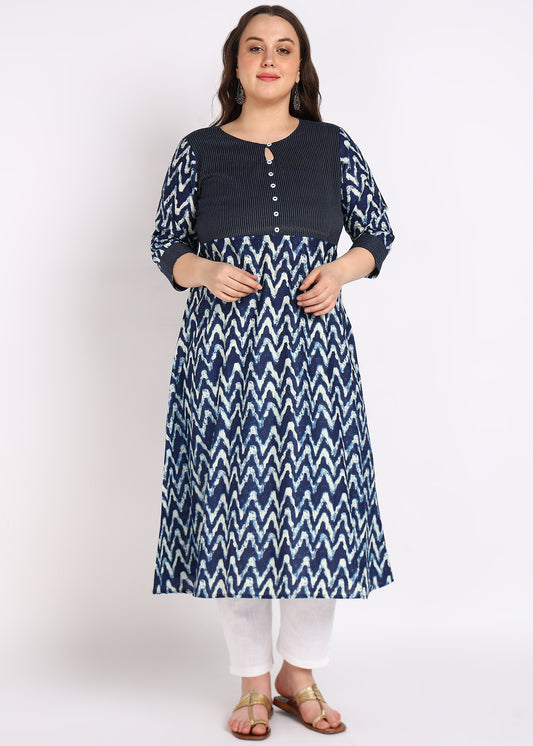 Blue Chevron Print A-Line Kurta – Elegant Kaantha Work & Button Embellishments