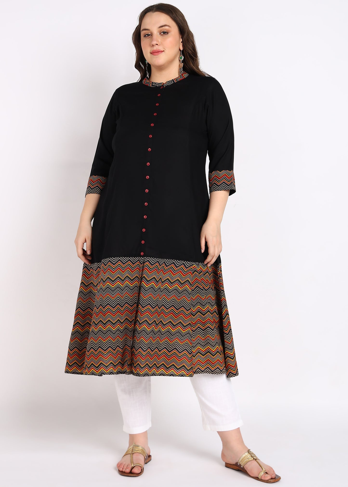 Plus Size Black Zig-Zag Printed A-Line Kurta