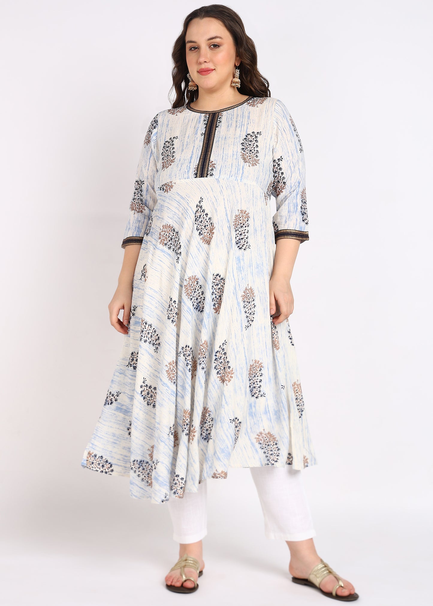 Plus Size Off-White Printed A-Line Kurta Rayon Tie Dye Floral Print