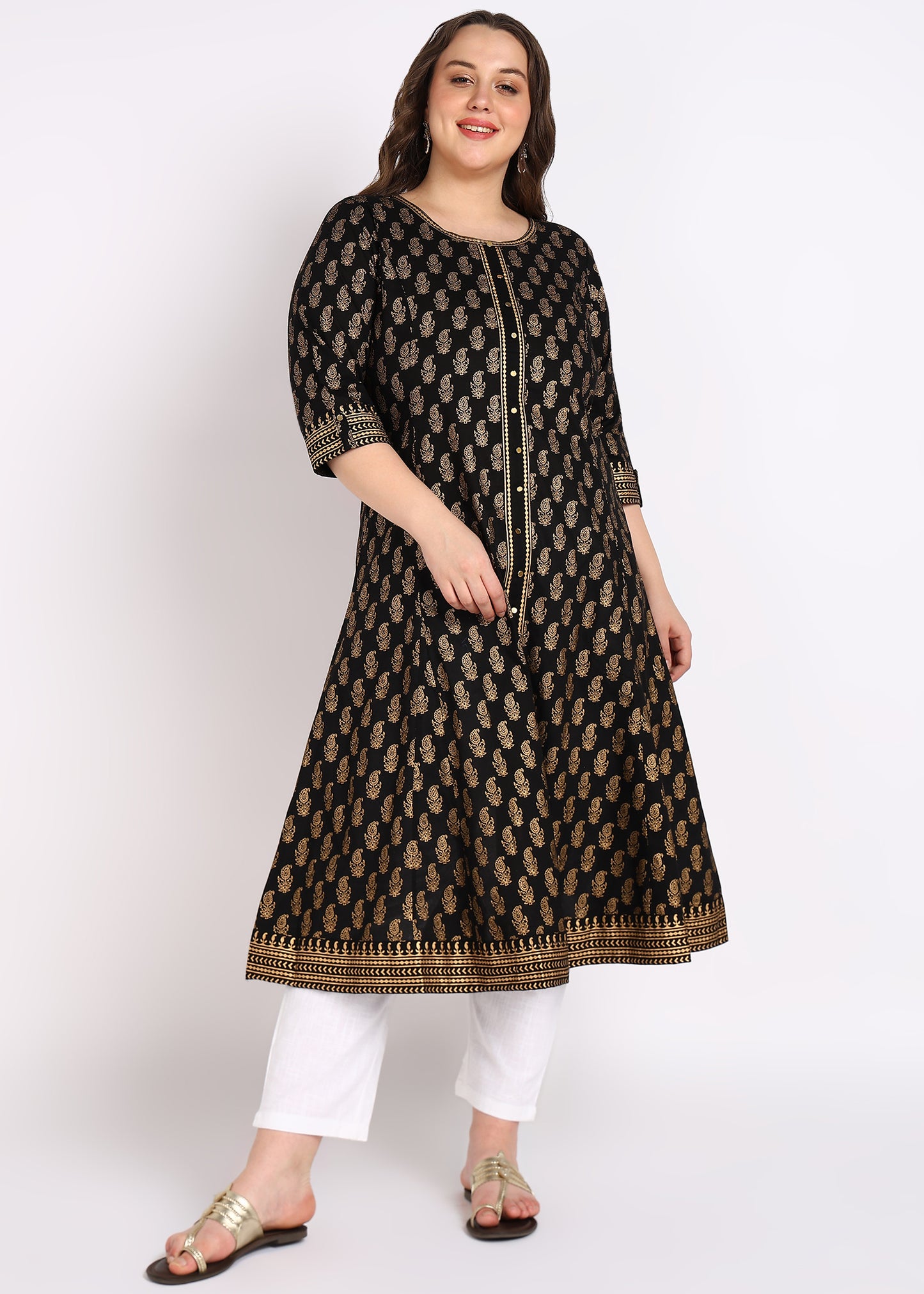 PLUS SIZE KURTA Women's Cotton Gold Print Anarkali Kurta