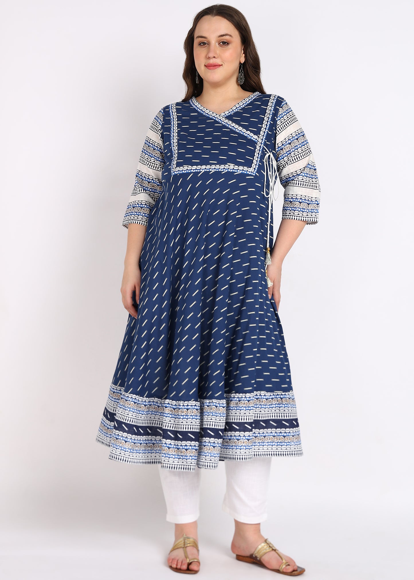 Plus Size Black Cotton Angrakha Kurta with Designer Yoke