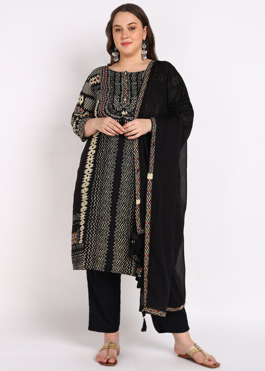 Plus Size Black & Beige Printed Kurta Set with Dupatta – 3-Piece Set