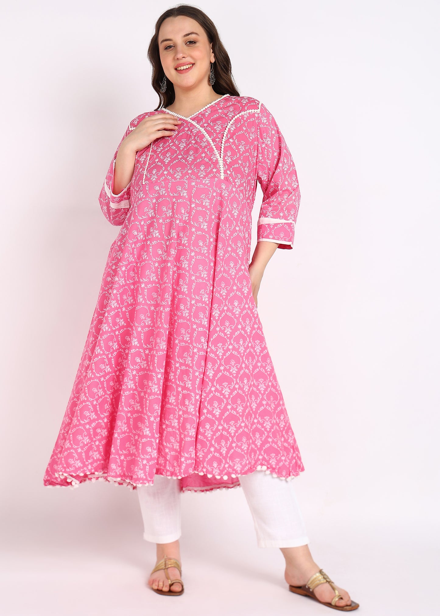 Plus Size Pink Printed A-Line Kurta