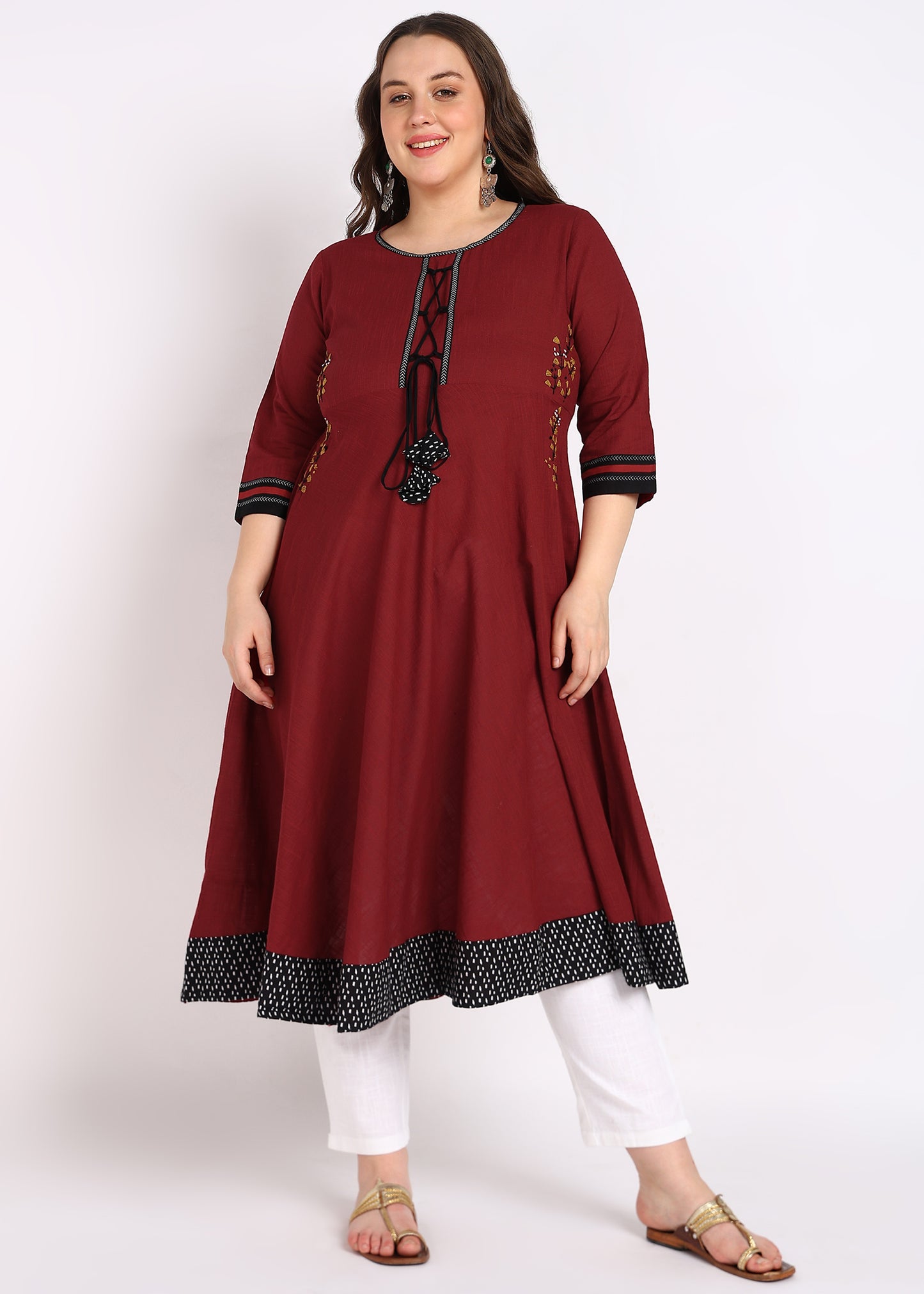 PLUS SIZE KURTA Women's Cotton Slub Embroidered Anarkali Kurta (Maroon)
