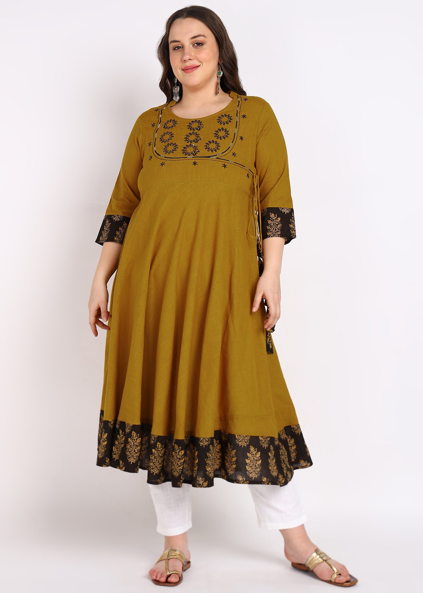 Mustard Sequin Work Angrakha Kurta – Elegant Embroidery & Stand Collar