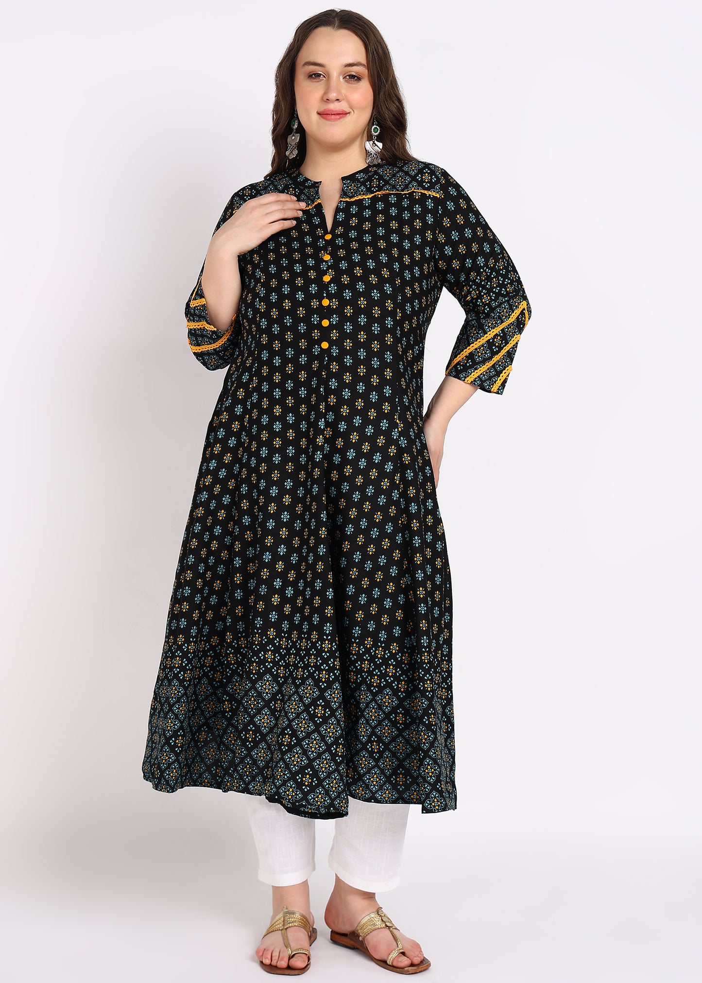 Plus Size Black Floral Printed A-Line Kurta with Yellow Button Detailing
