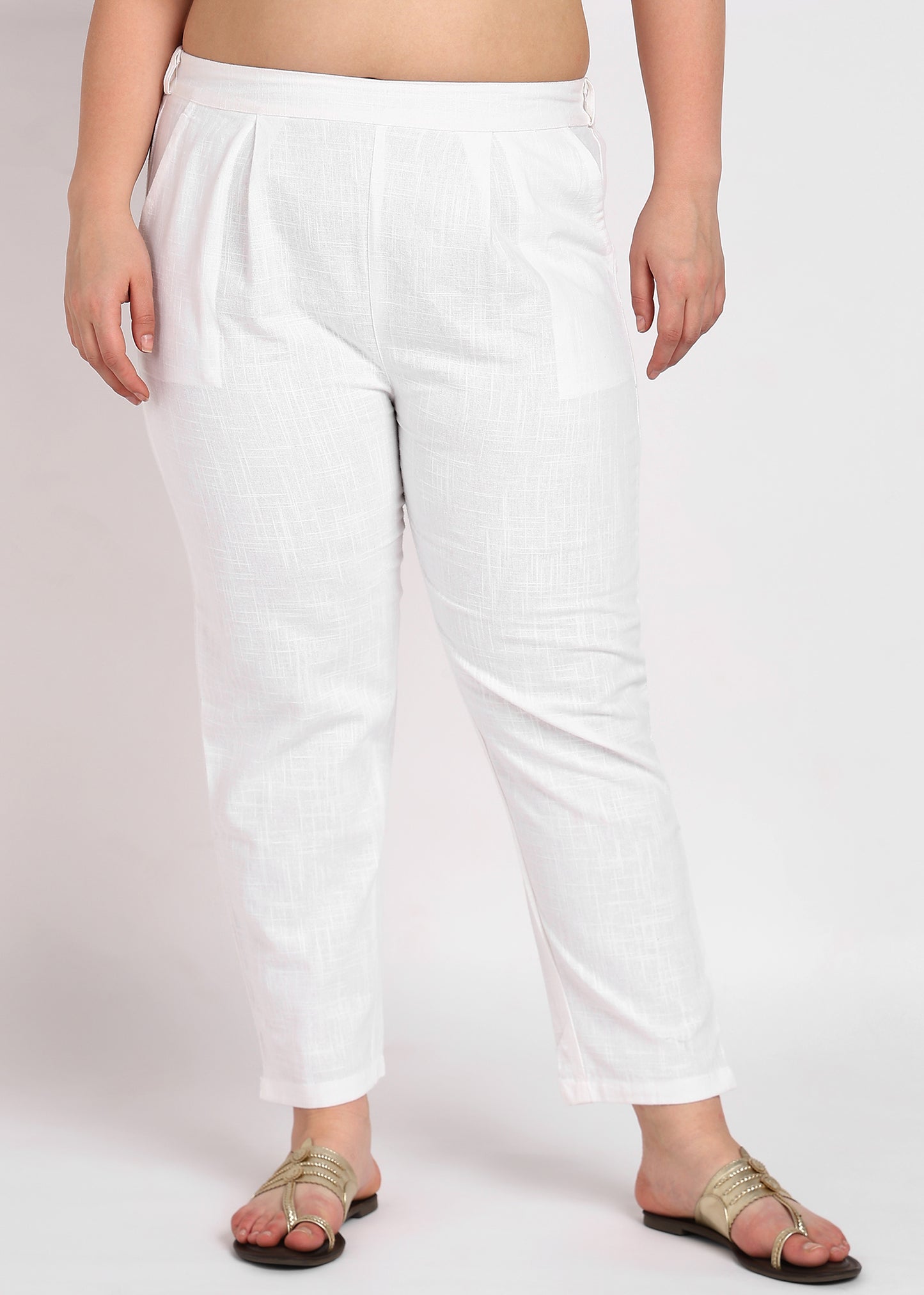 Plus Size White Textured Cotton Pants