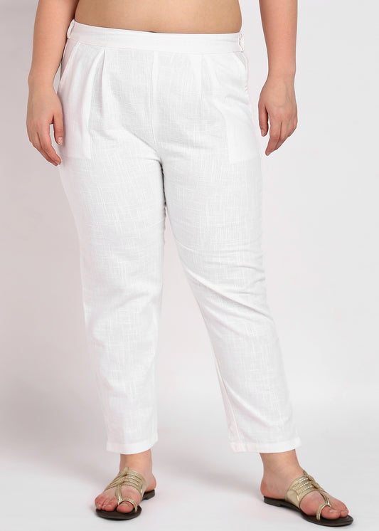 Plus Size White Textured Cotton Pants