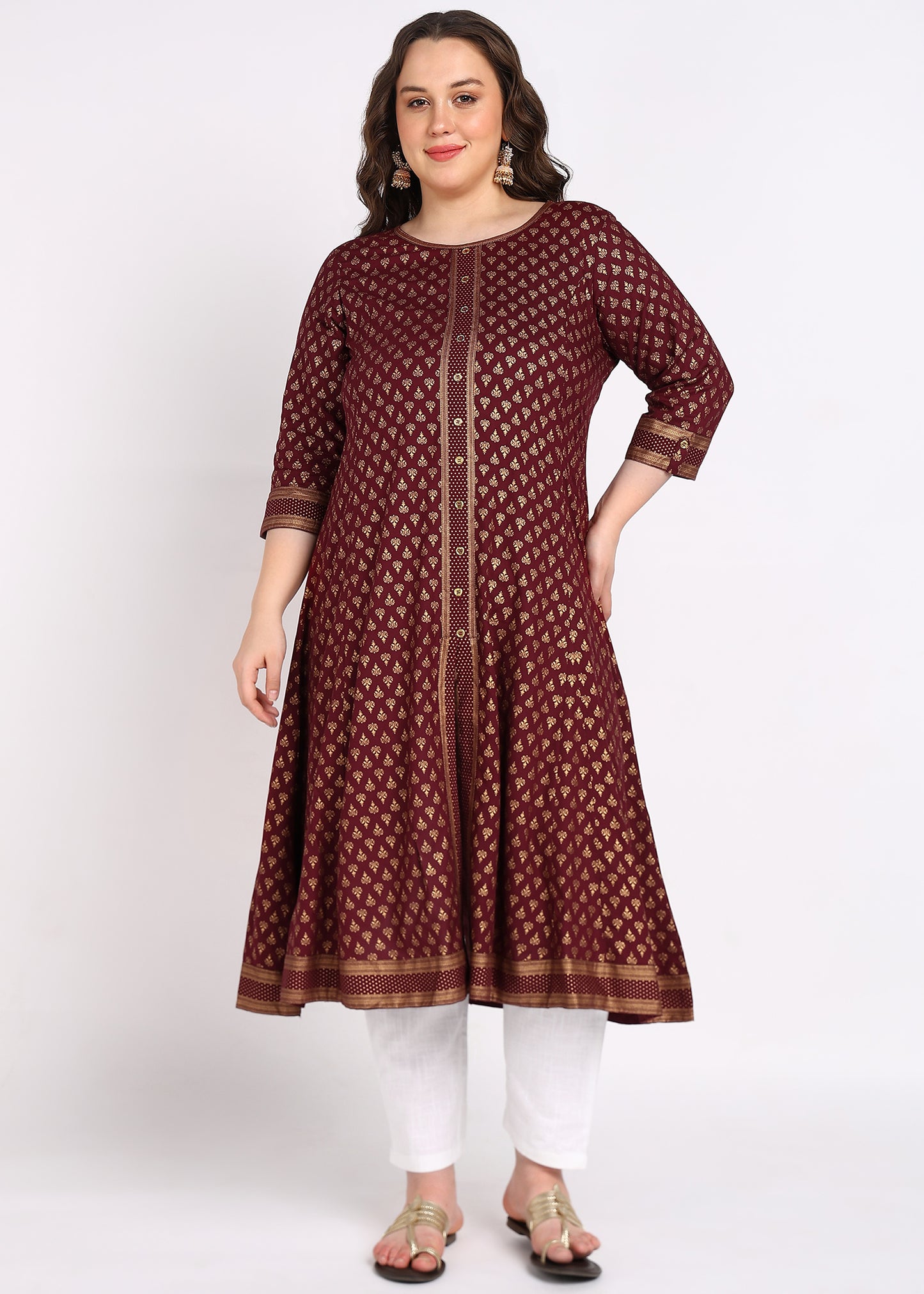 Plus Size Maroon Buti Printed A-Line Kurta