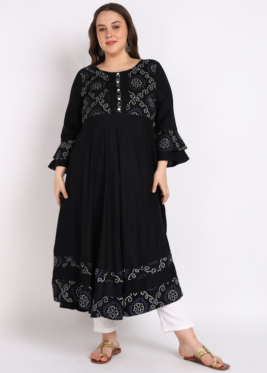 PLUS SIZE KURTA Women's Rayon Bandhej Print Anarkali Kurta