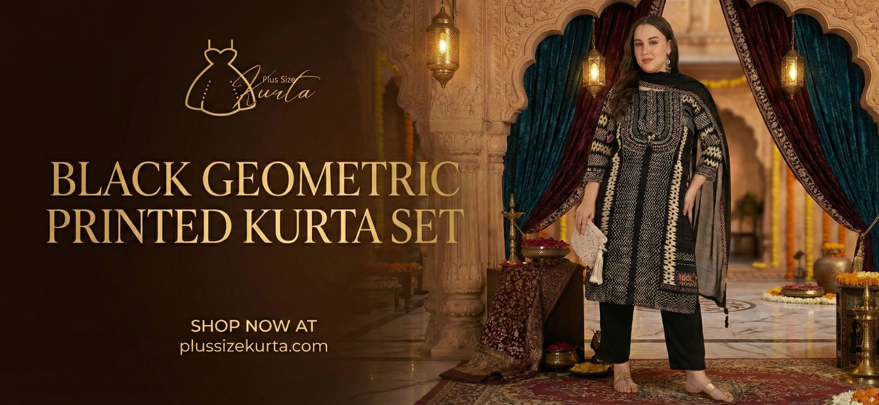 Woman in a black geometric printed kurta set standing in an ornate room with text promoting the product.