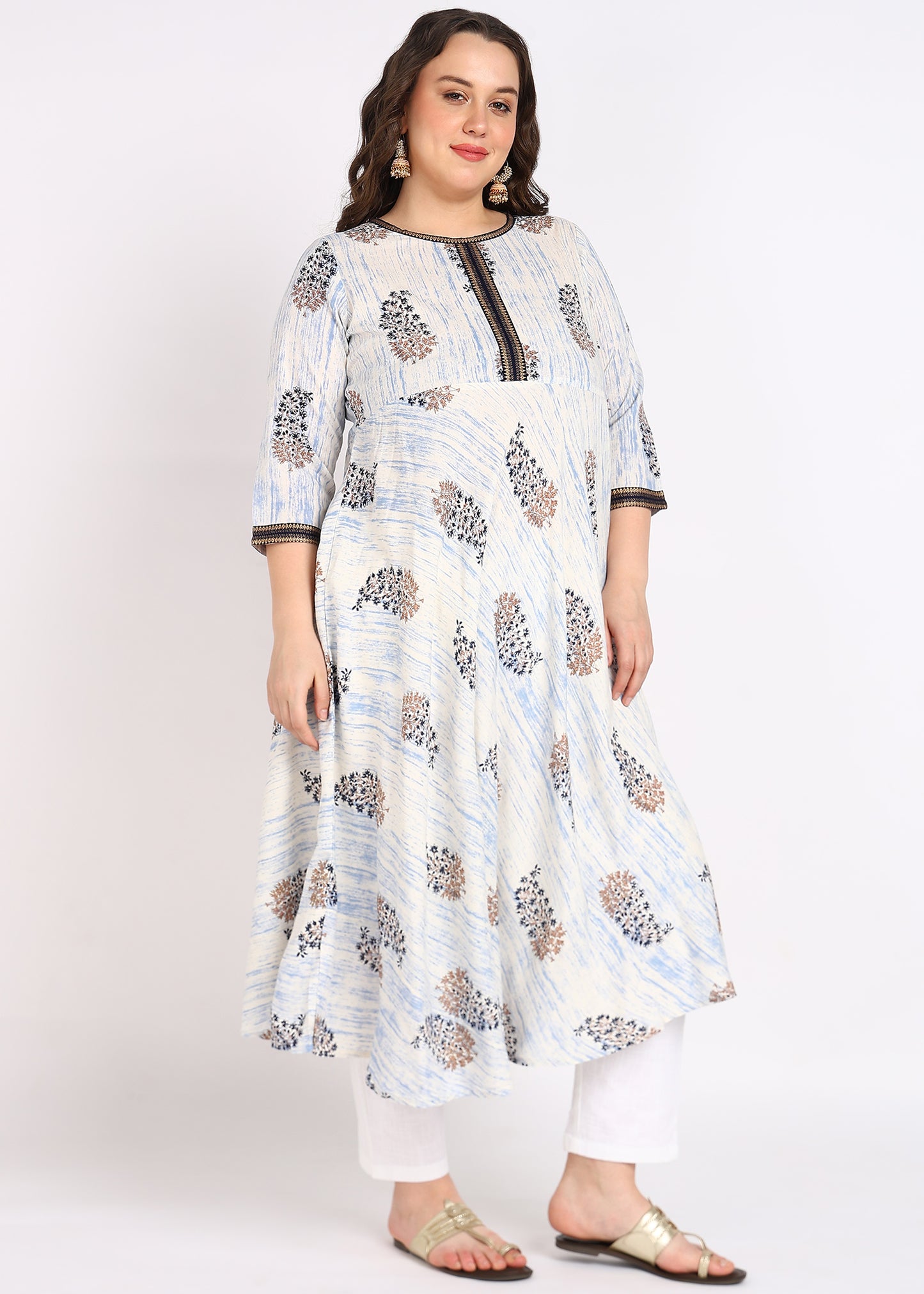 Plus Size Off-White Printed A-Line Kurta Rayon Tie Dye Floral Print