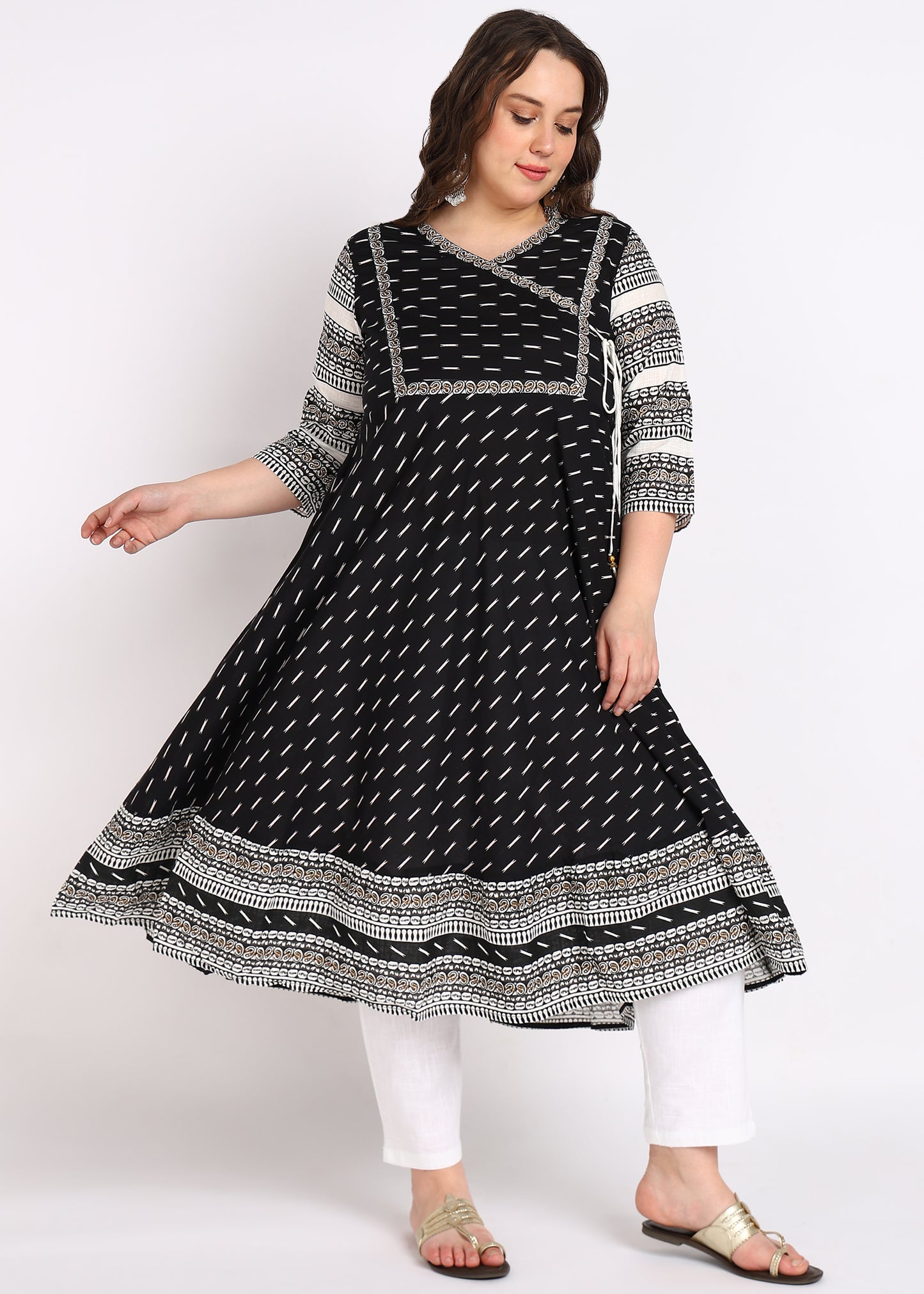 Plus Size Black Cotton Angrakha Kurta with Designer Yoke