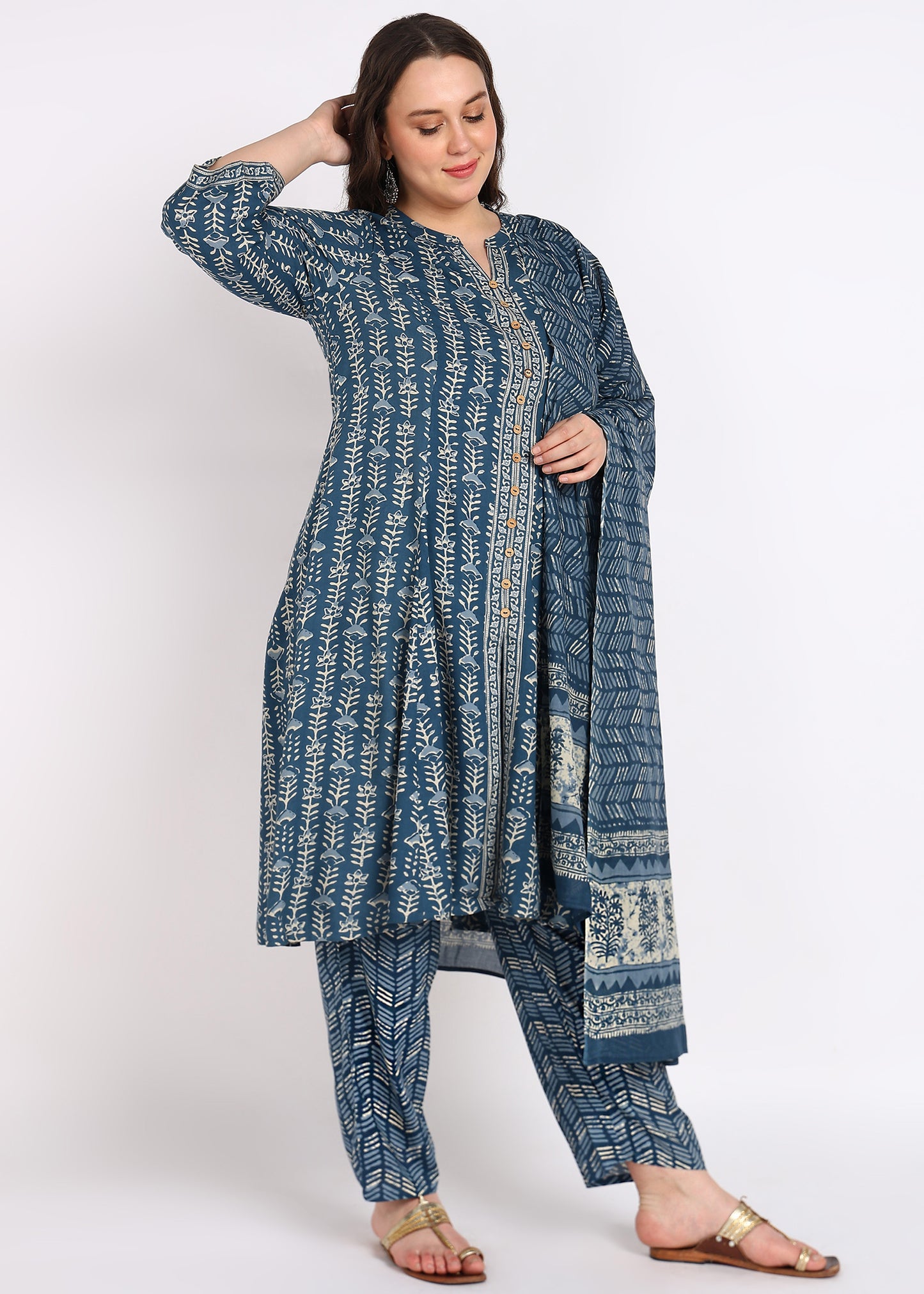 Plus Size Blue Floral Printed Anarkali Kurta with Pant & Dupatta Set
