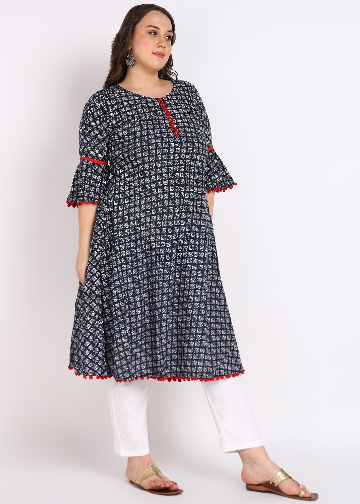 Plus Size Blue Printed Mirror Work A-Line Kurta – Cambric Cotton