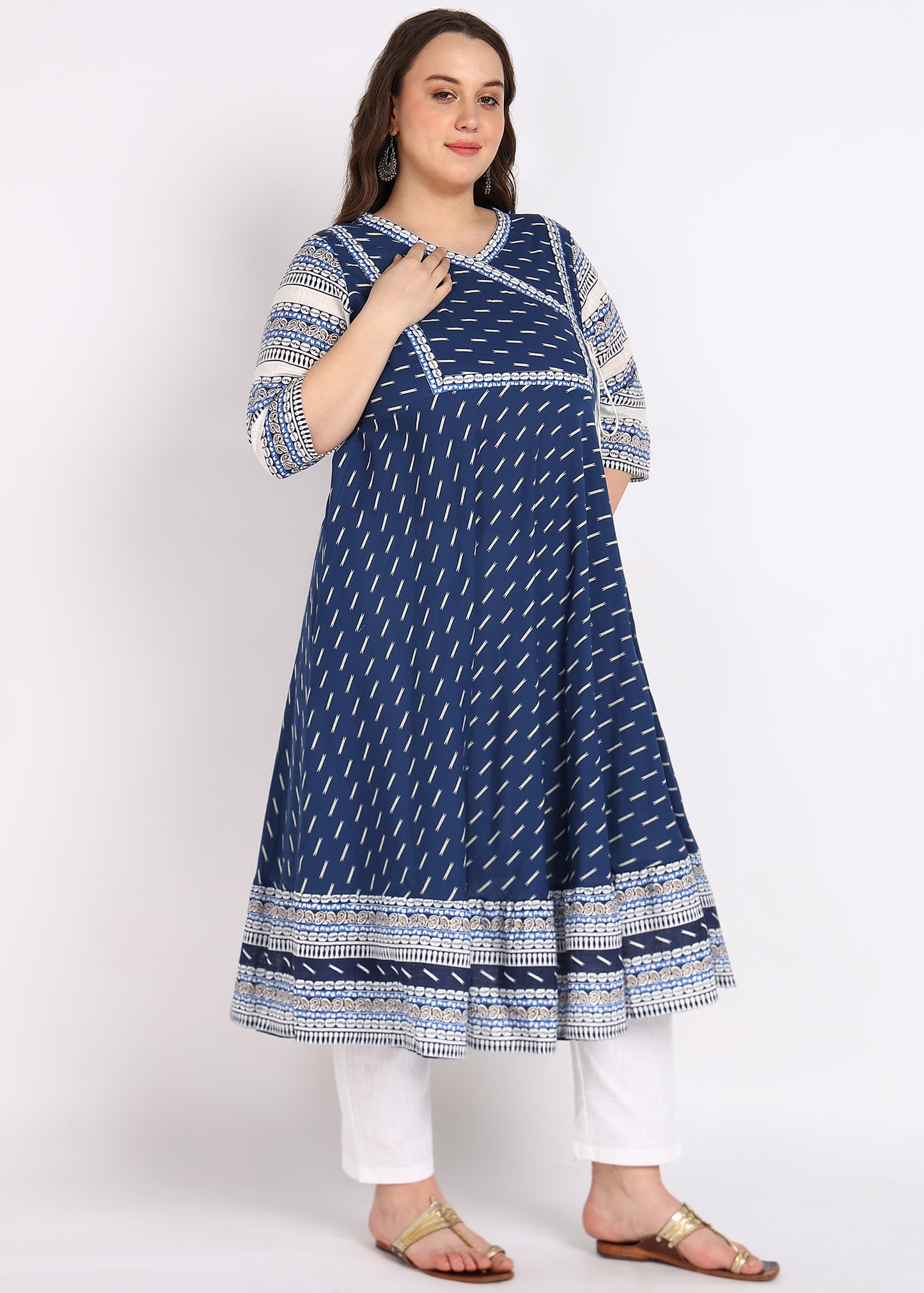 Plus Size Black Cotton Angrakha Kurta with Designer Yoke