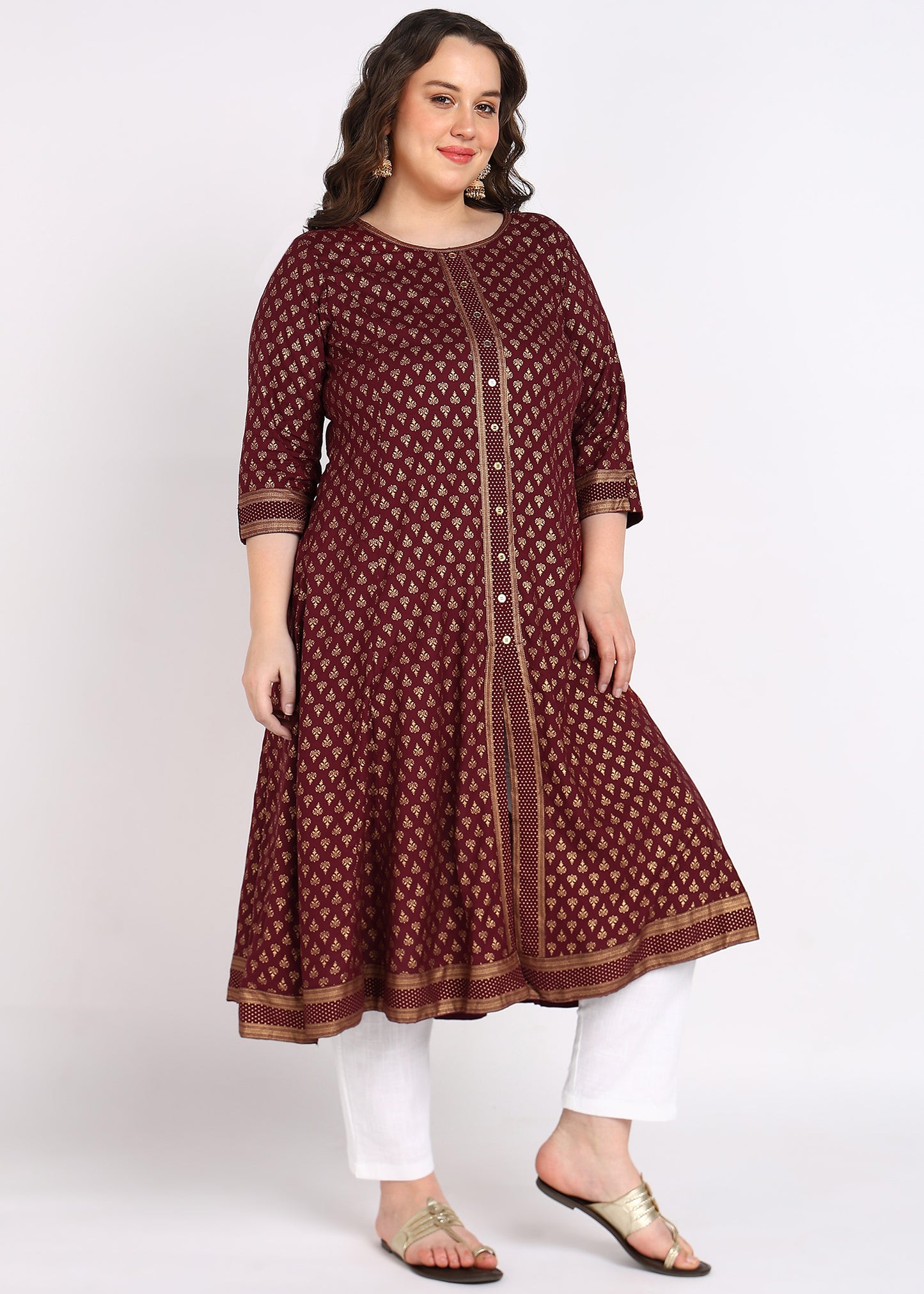 Plus Size Maroon Buti Printed A-Line Kurta
