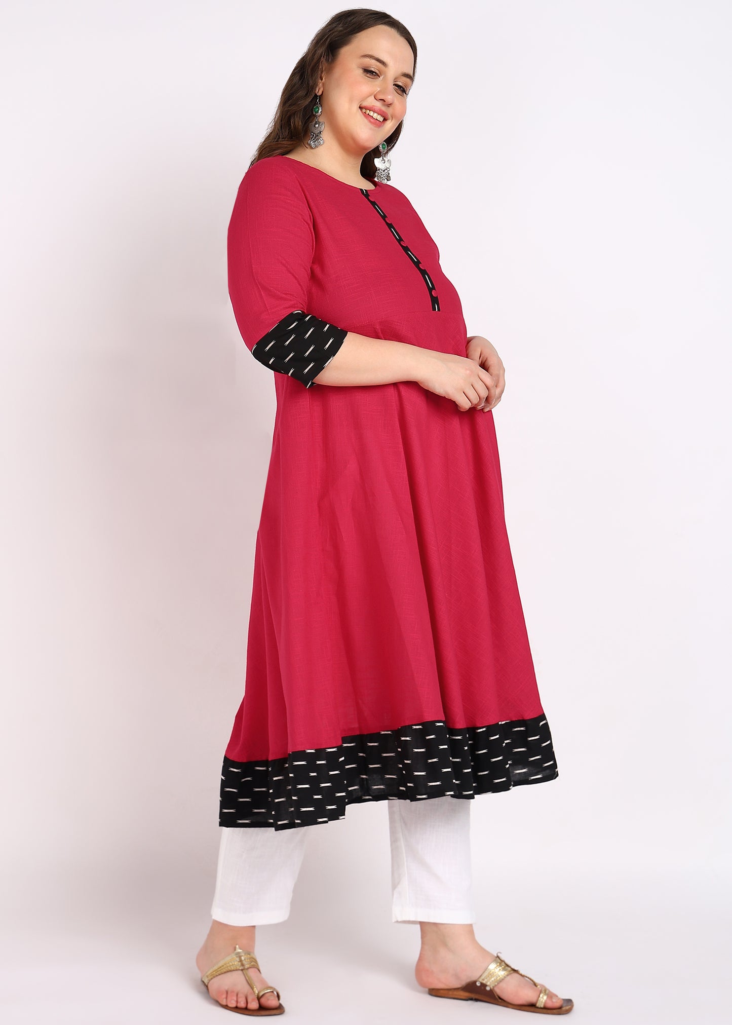 PLUS SIZE KURTA Women's Cotton Slub Plain Dye Anarkali Kurta (Pink)