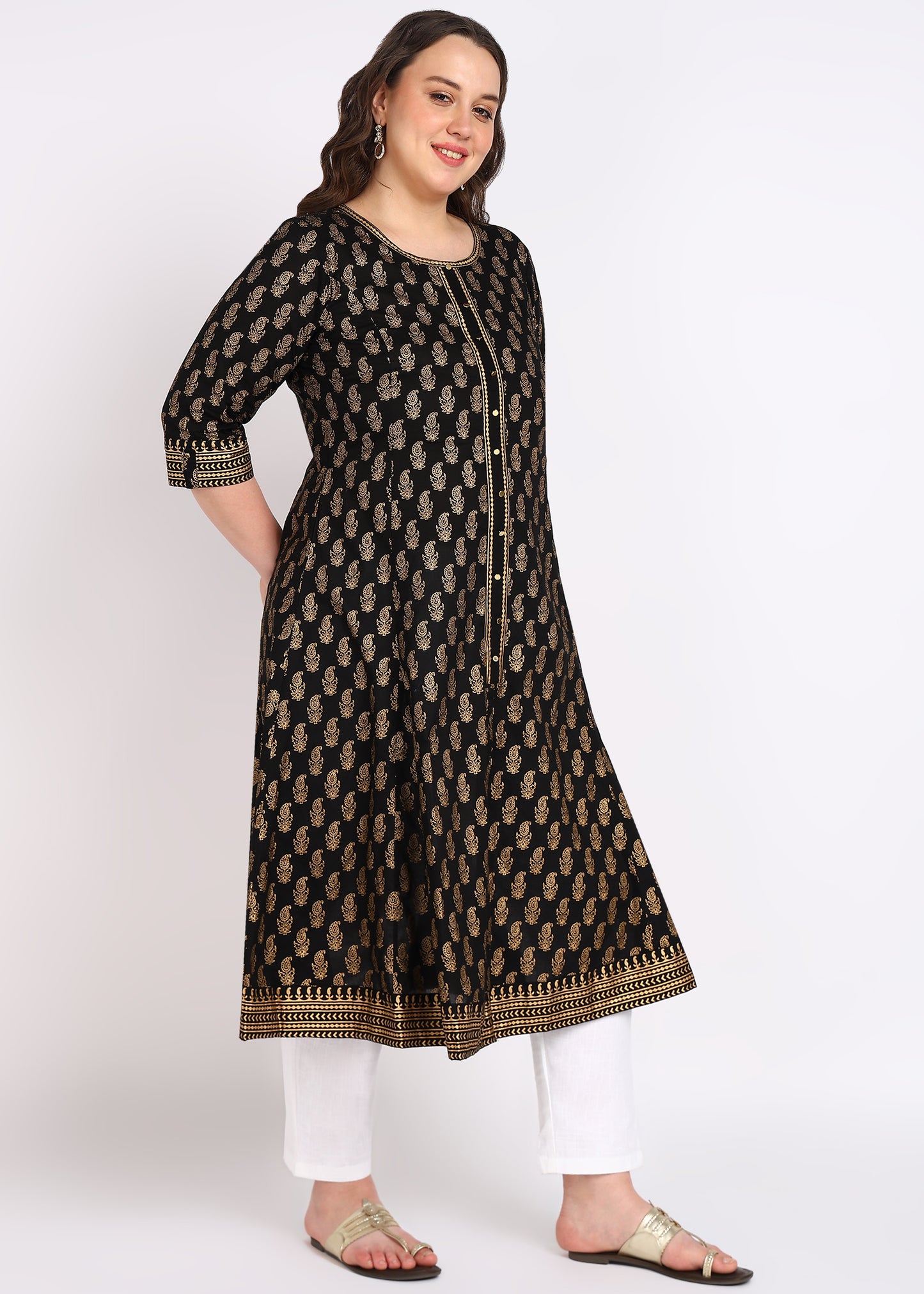 PLUS SIZE KURTA Women's Cotton Gold Print Anarkali Kurta