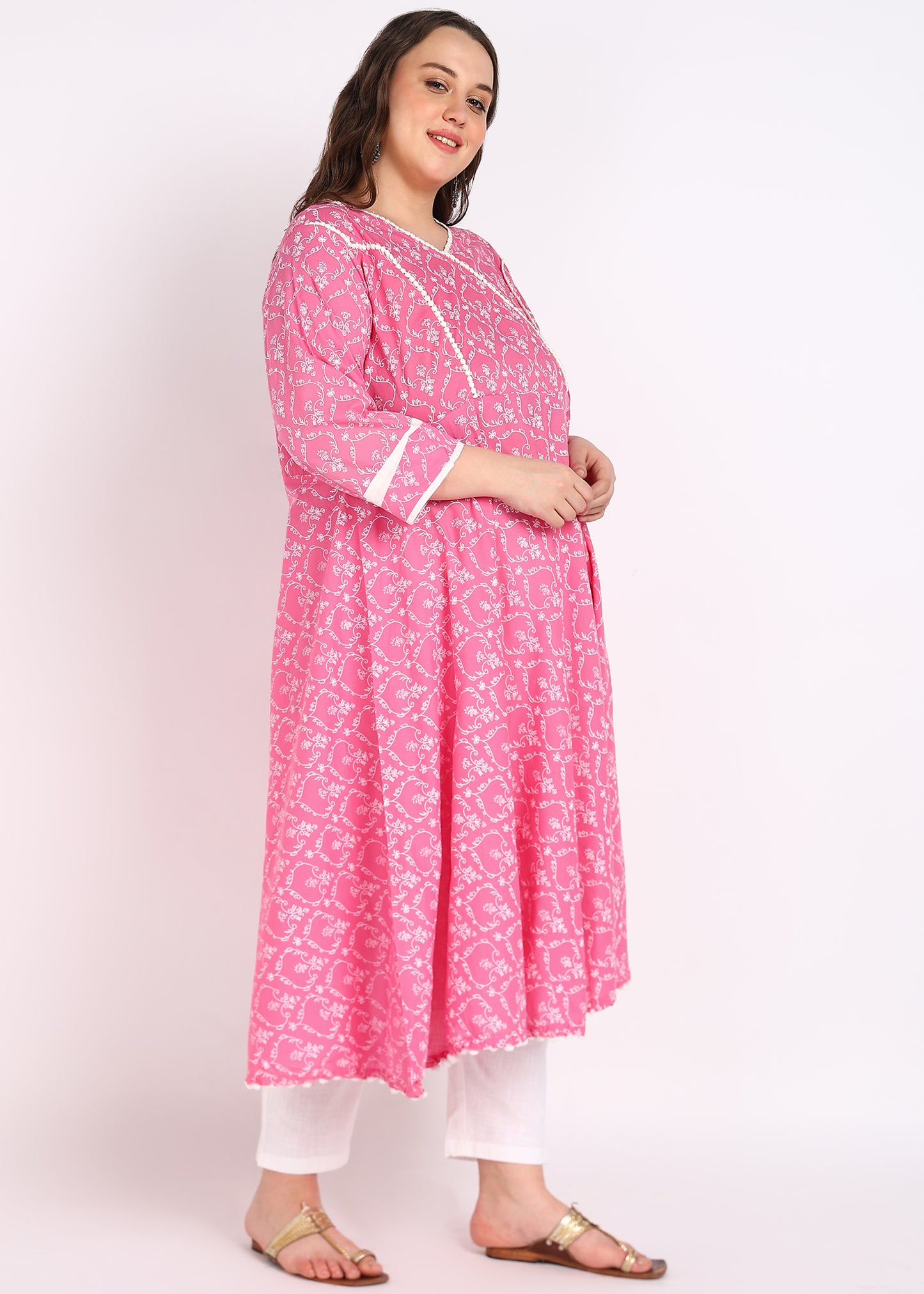 Plus Size Pink Printed A-Line Kurta