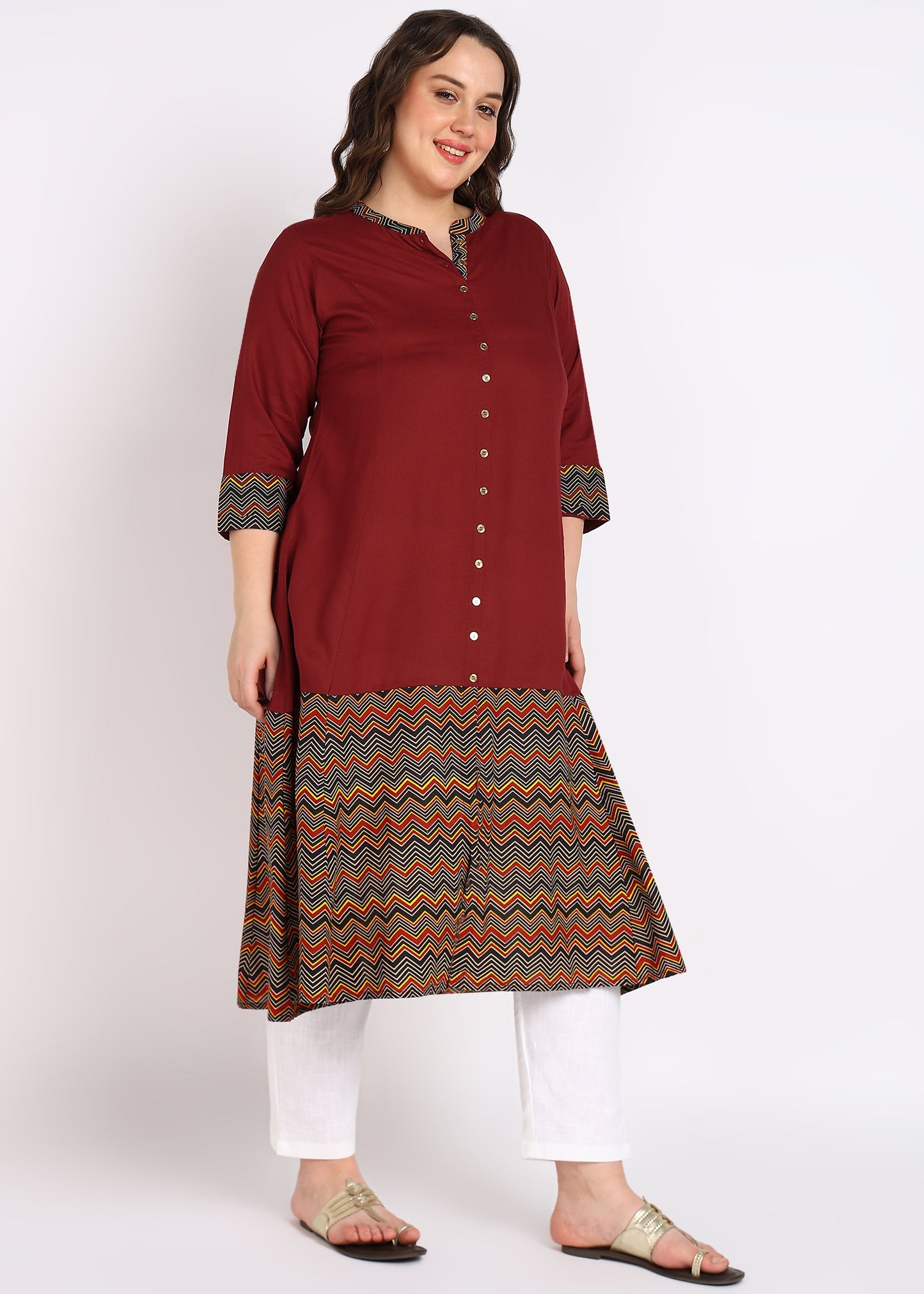 Plus Size Black Zig-Zag Printed A-Line Kurta