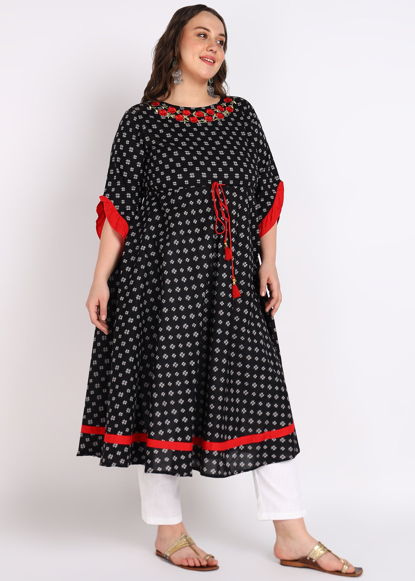 Black Cambric Cotton Anarkali Kurta – Elegant Umbrella Style & Embroidered Neck