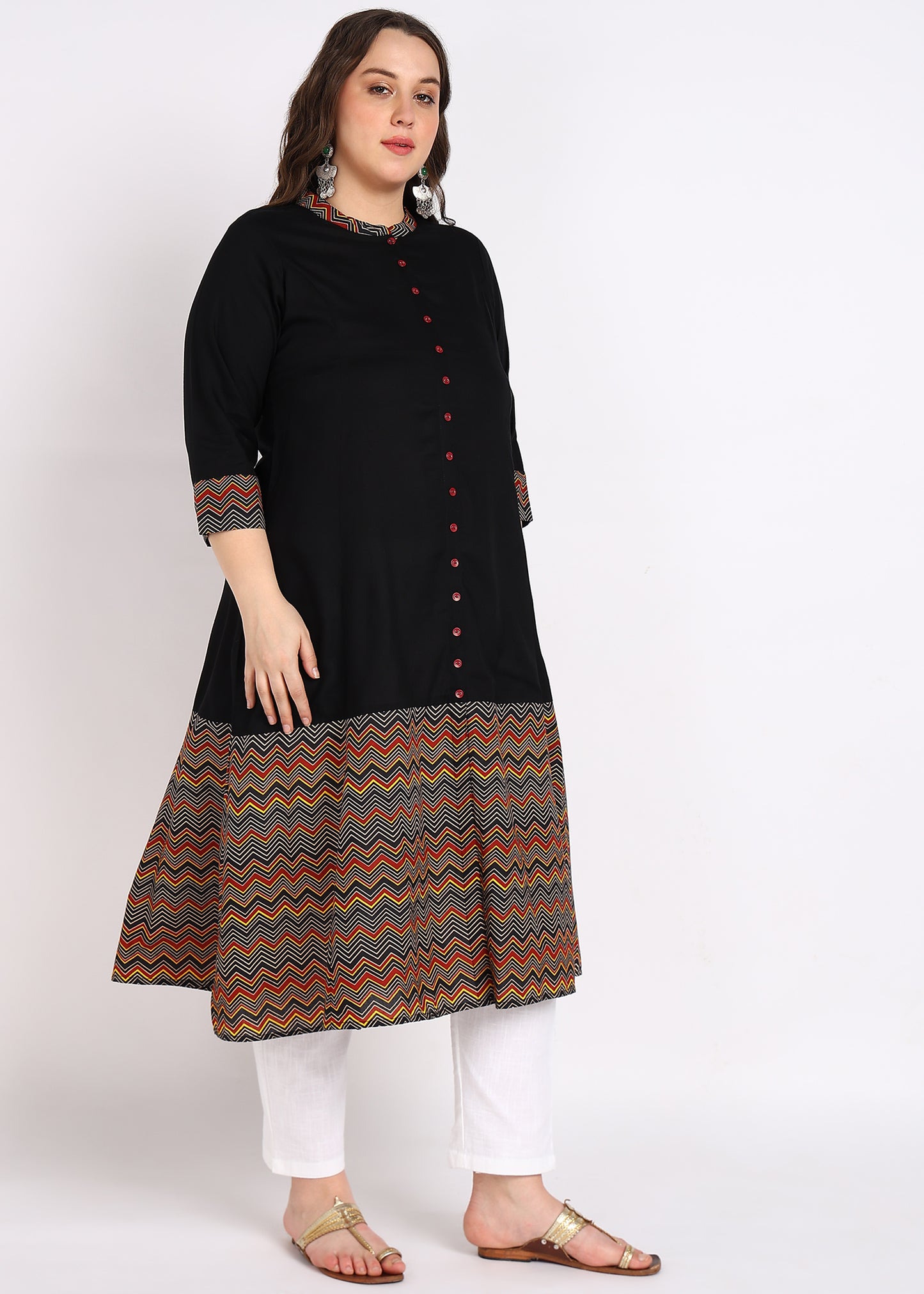 Plus Size Black Zig-Zag Printed A-Line Kurta
