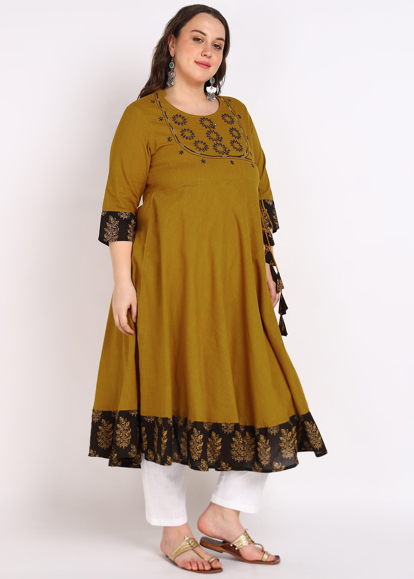 Mustard Sequin Work Angrakha Kurta – Elegant Embroidery & Stand Collar
