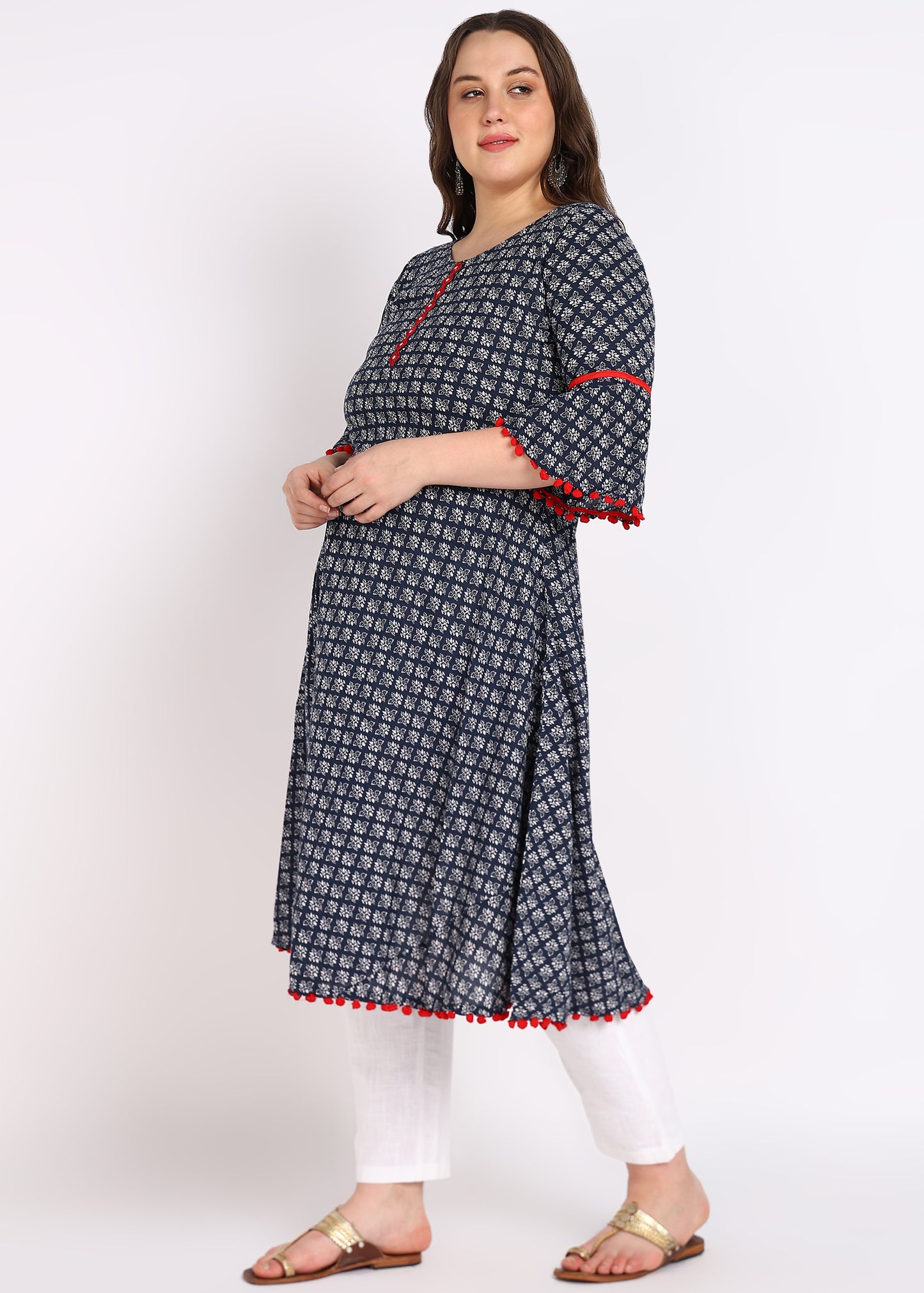 Plus Size Blue Printed Mirror Work A-Line Kurta – Cambric Cotton